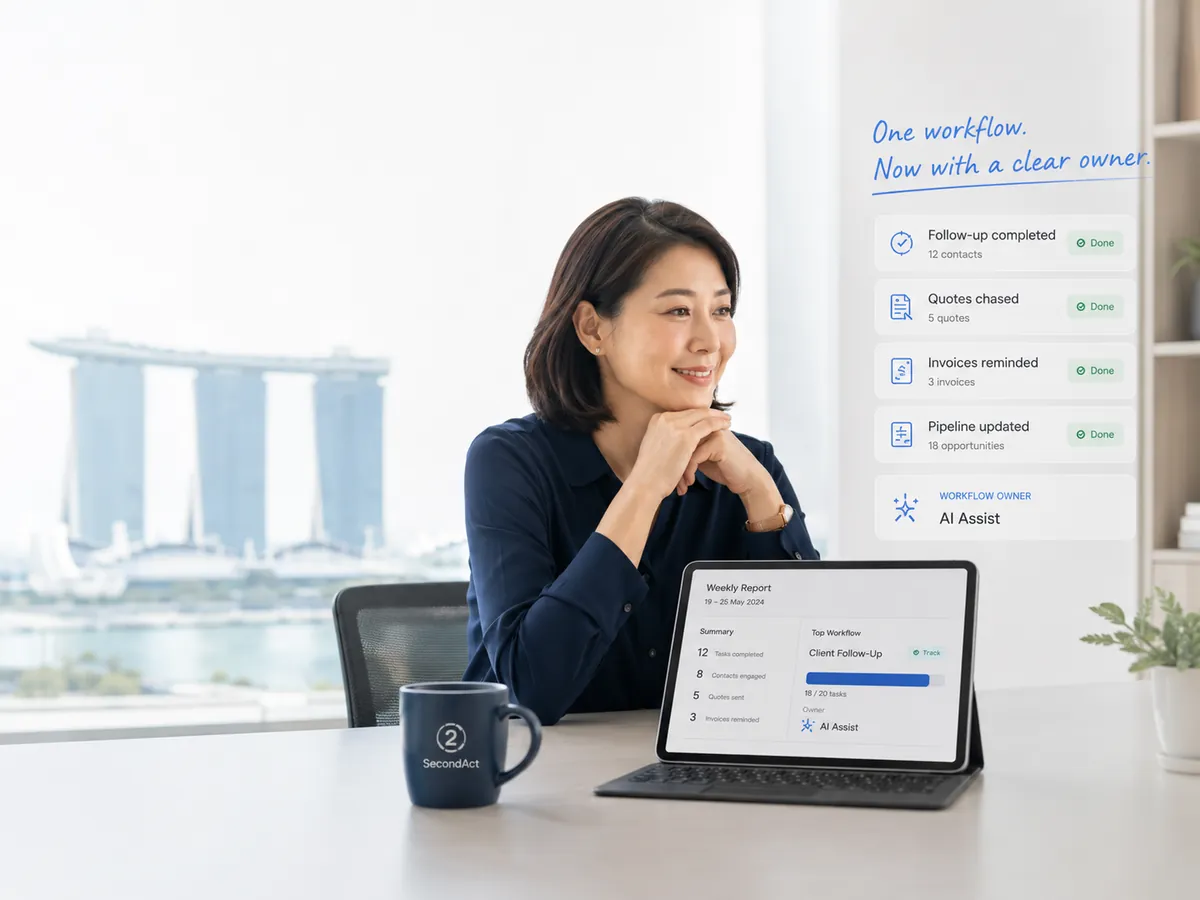 Experienced Singapore operator with weekly report dashboard showing follow-ups, quotes chased, invoices reminded, and pipeline updates